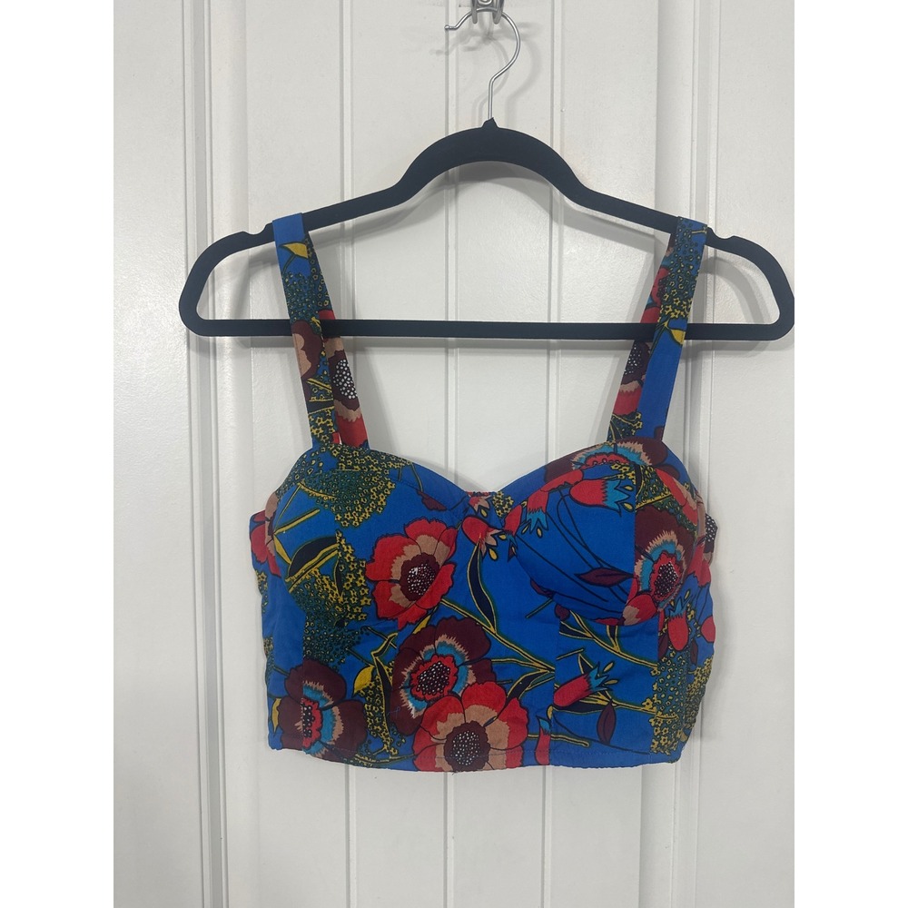 B.O.G Collective Blue Floral Bustier Crop Top Smocked Sweetheart Neck Size M‎